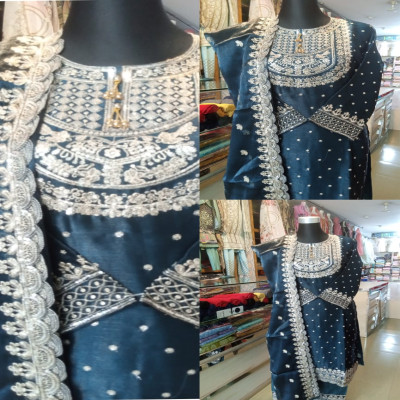 আফগান সিল্ক থ্রি পিস-navy blue